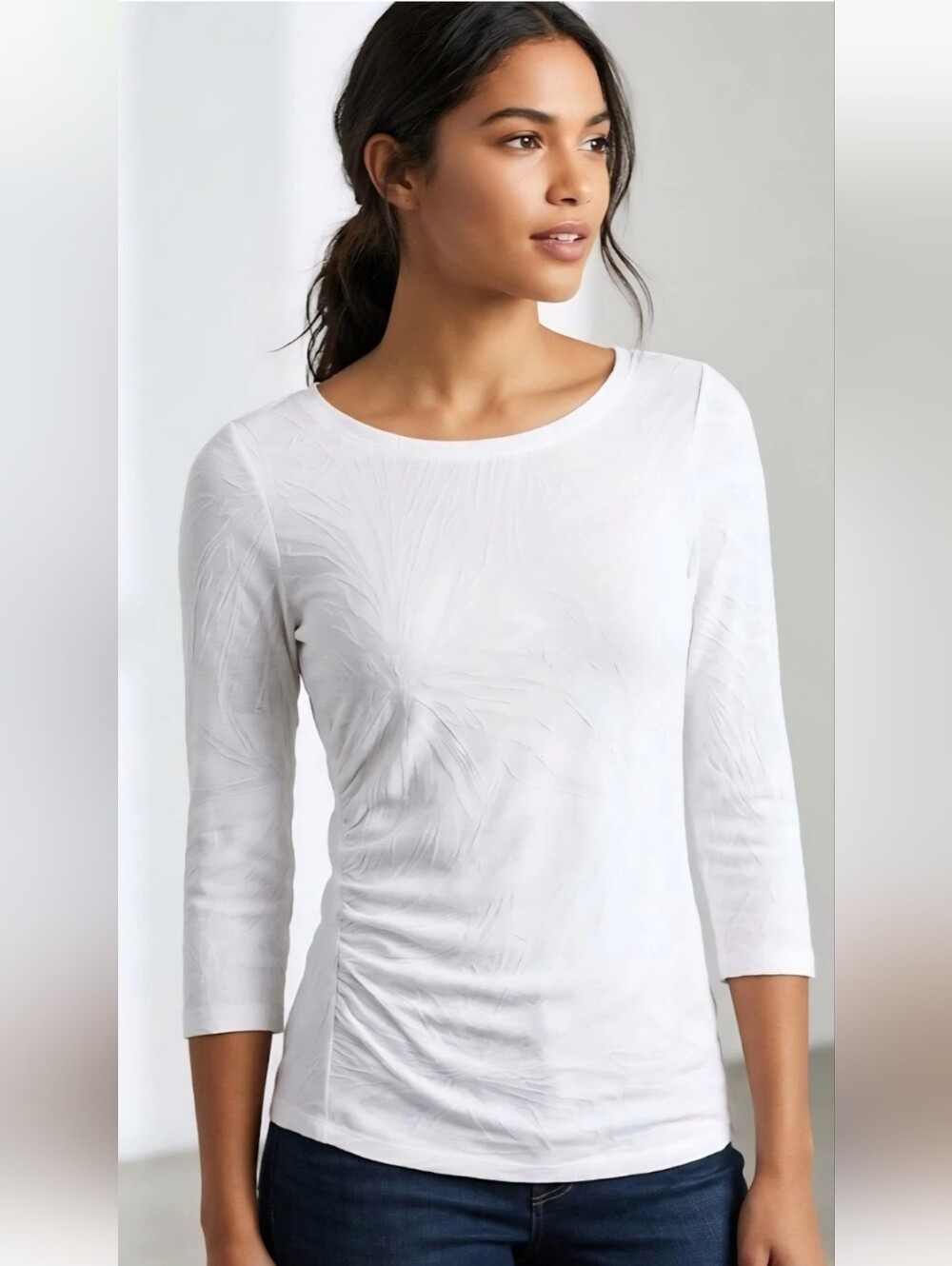 Three Dots White Textured Scoop Neck Long Sleeve Top Sz S Supima Cotton Luxury
